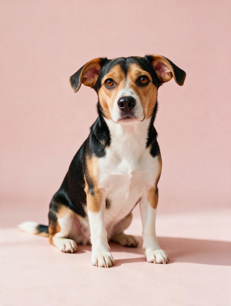 A tricolor beagle on a pink backdrop