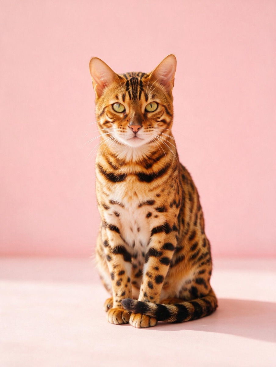 A spotted Bengal cat on a pink backdrop