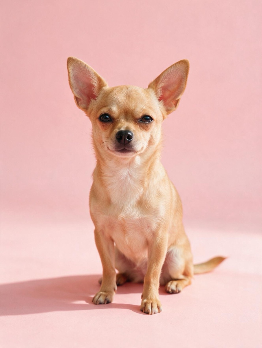 A tan chihuahua on a pink backdrop