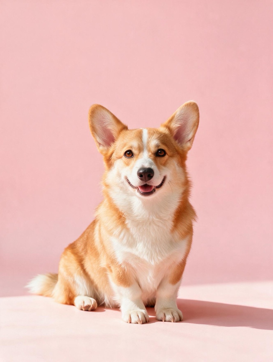 A Pembroke Welsh corgi on a pink backdrop