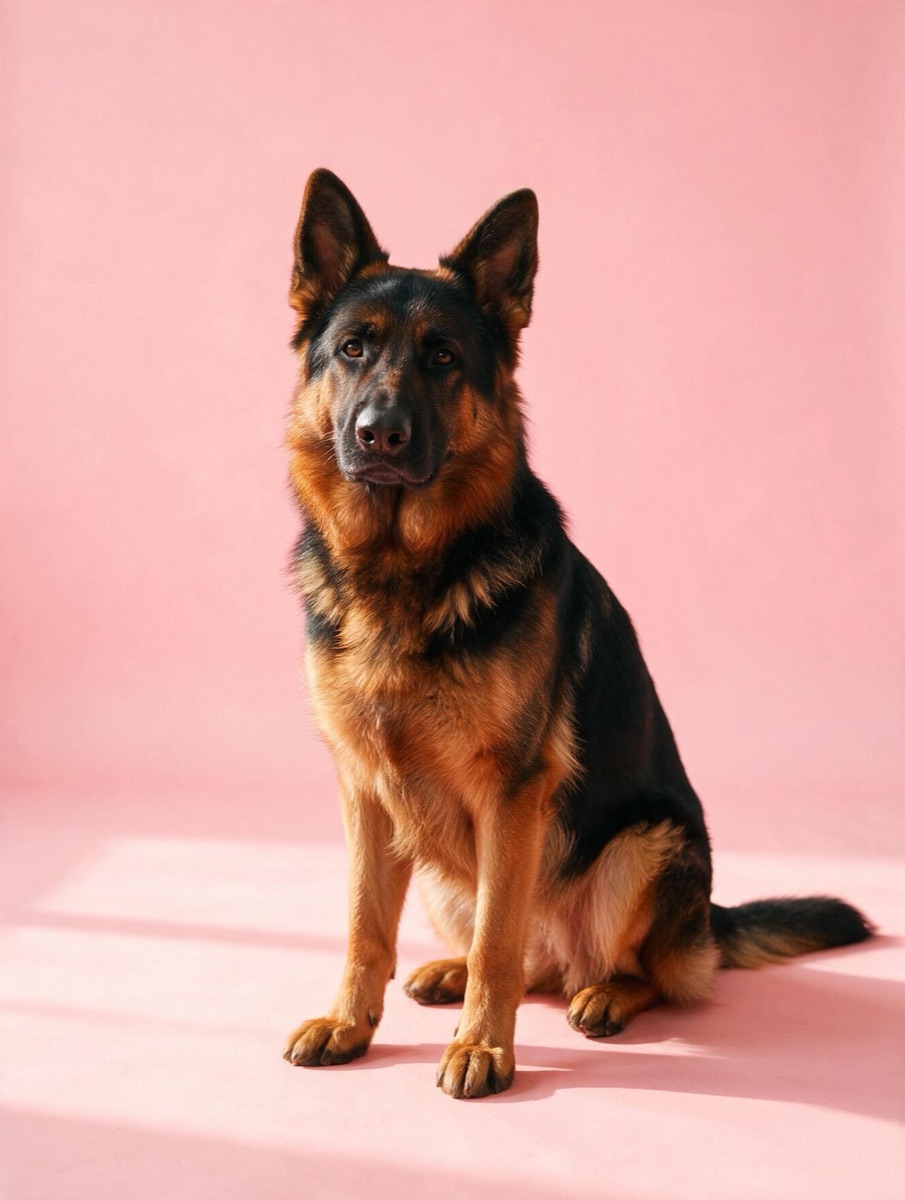 A German shepherd on a pink backdrop