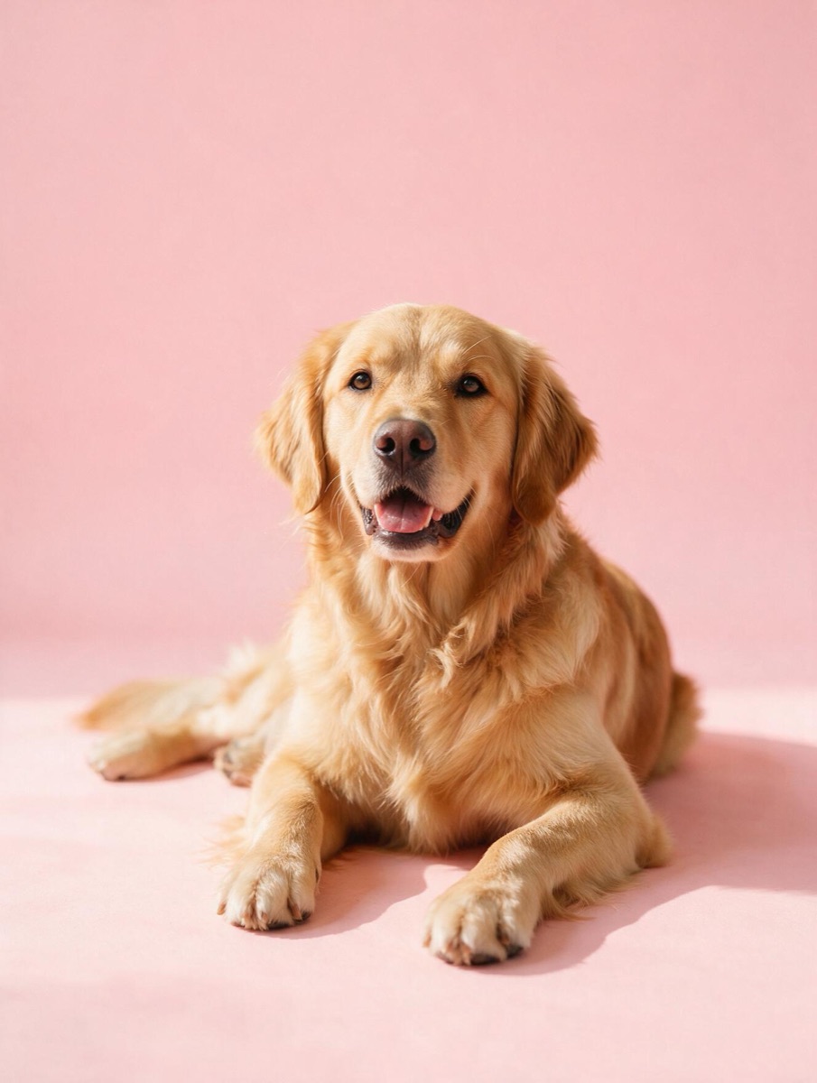 A golden retriever lying down on a pink backdrop