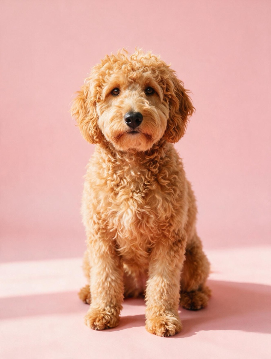 An apricot goldendoodle on a pink backdrop