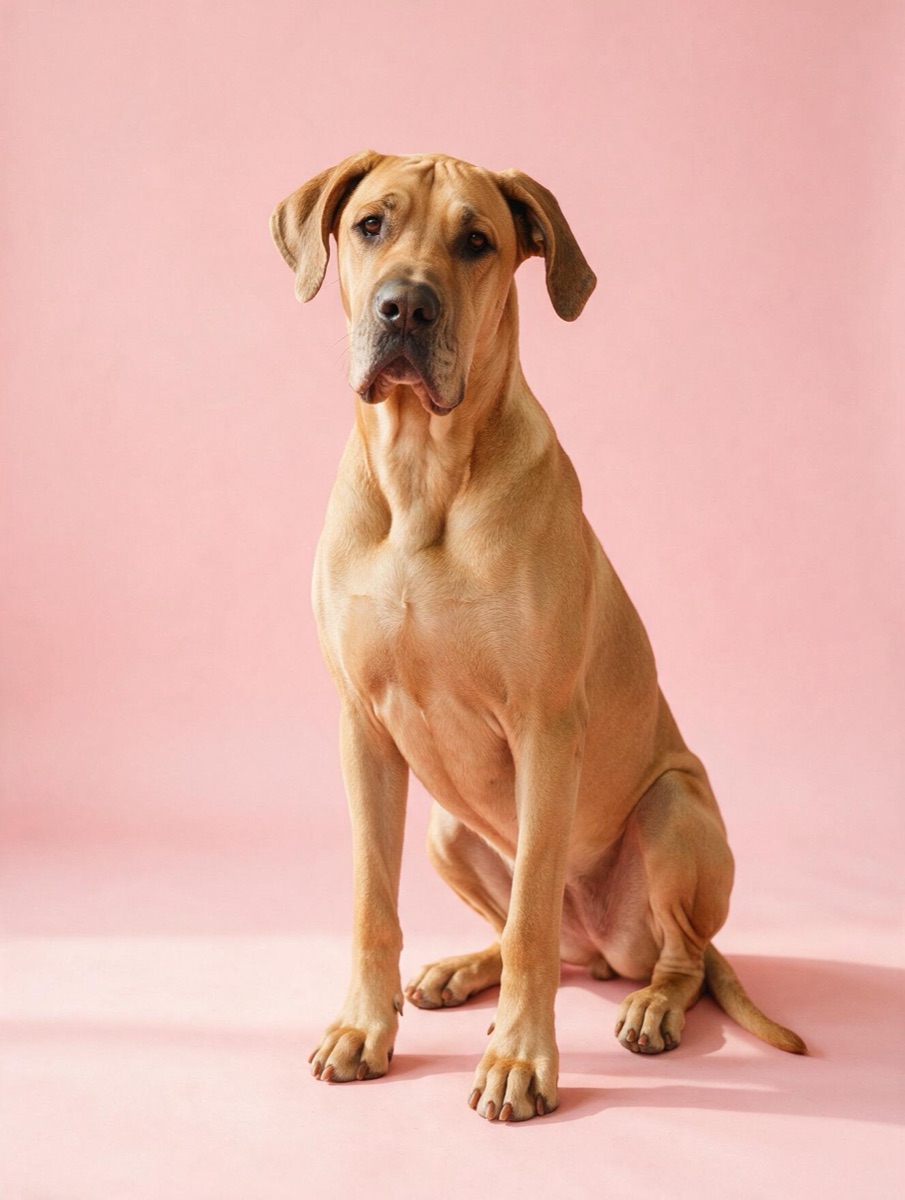 A fawn Great Dane on a pink backdrop