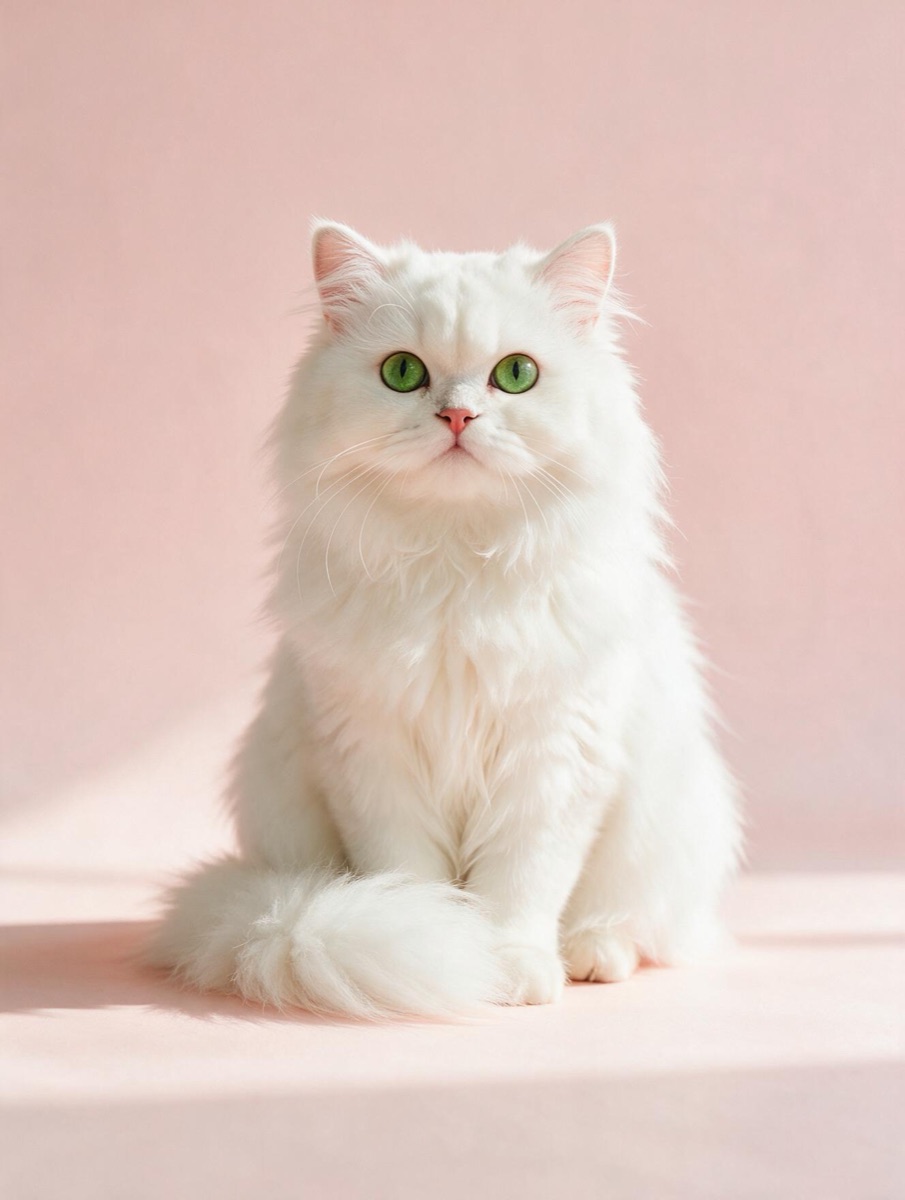 A white Persian cat on a pink backdrop
