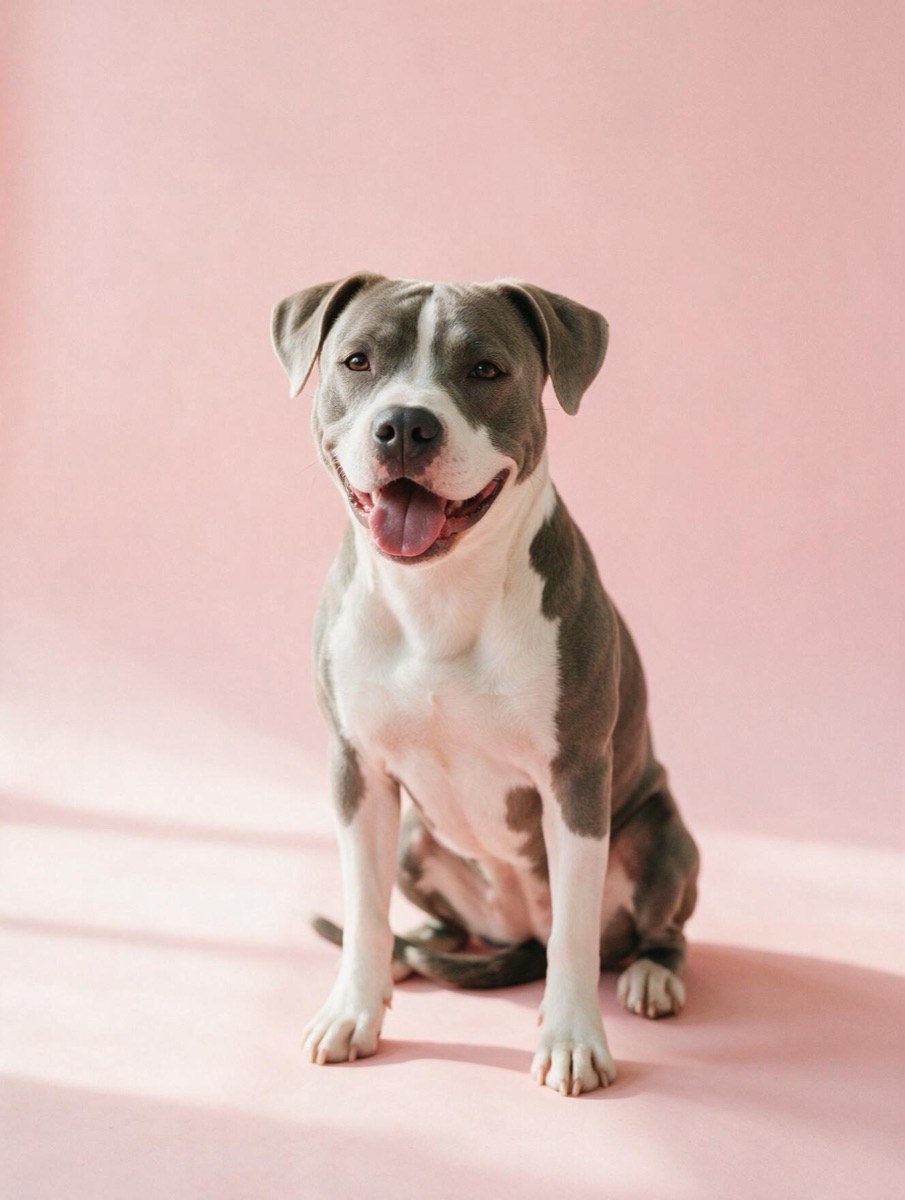 A gray and white pit bull terrier on a pink backdrop