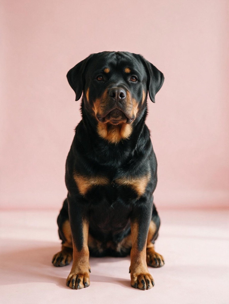 A Rottweiler sitting calmly on a pink backdrop