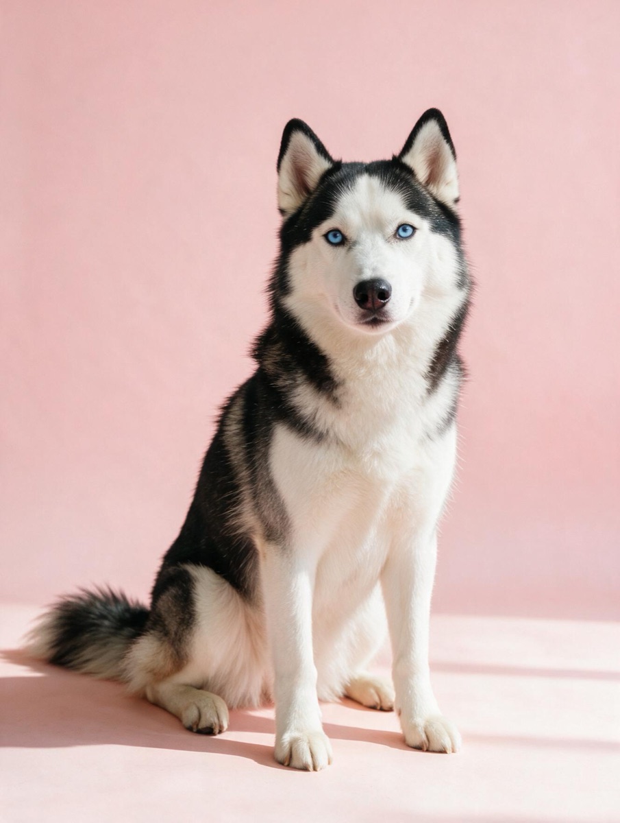 A Siberian husky with blue eyes on a pink backdrop