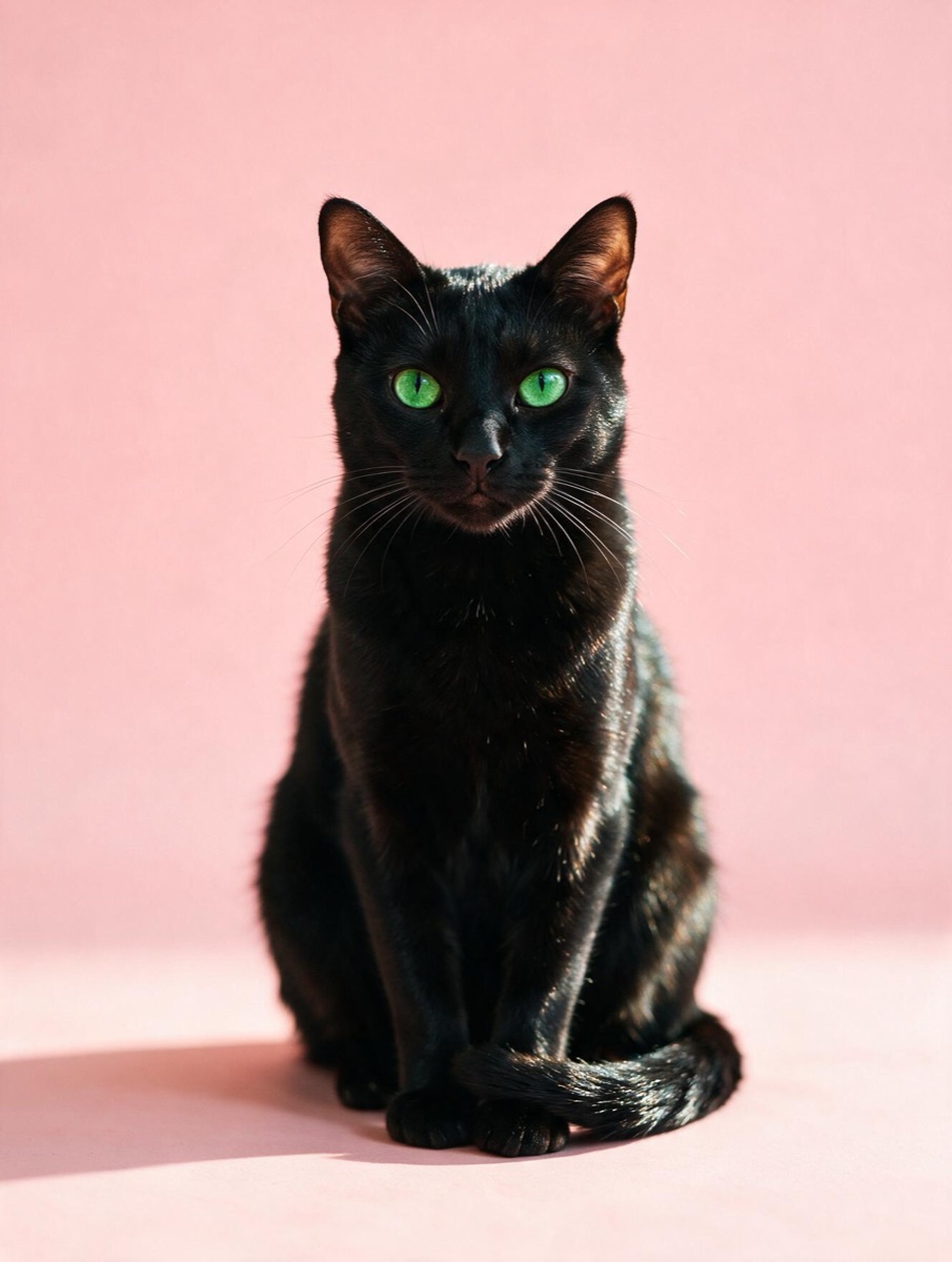 A black cat with green eyes on a pink backdrop