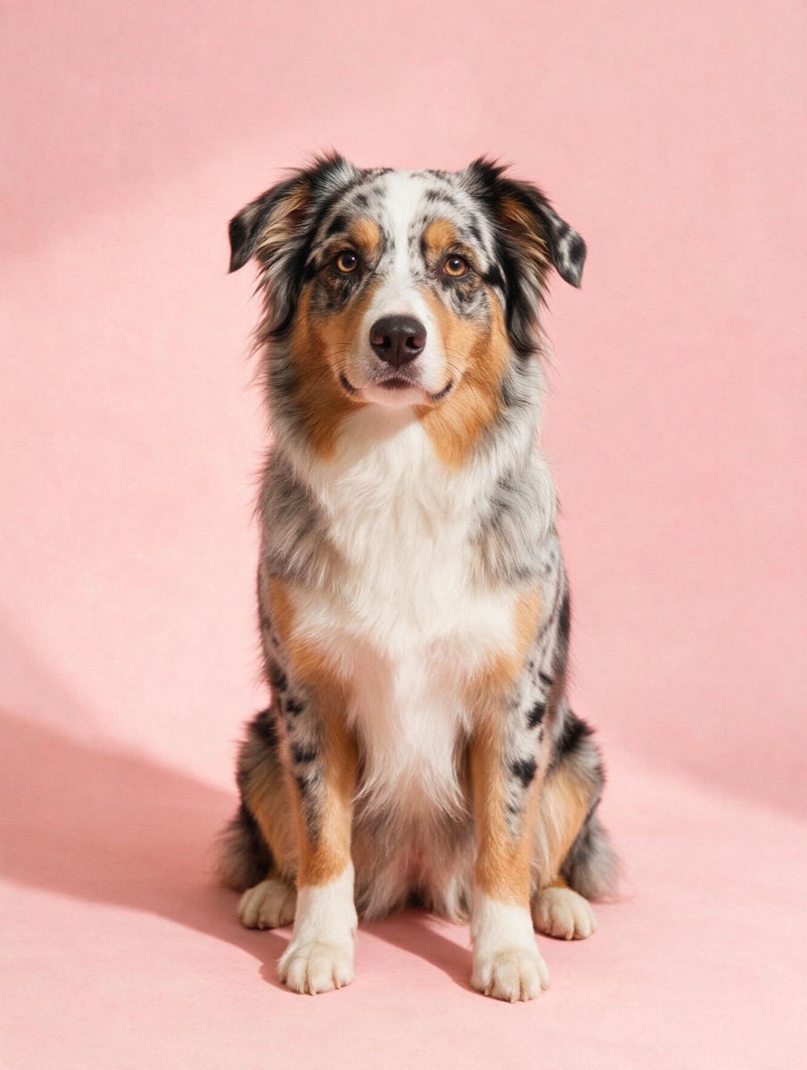 An Australian shepherd with a merle coat on a pink backdrop