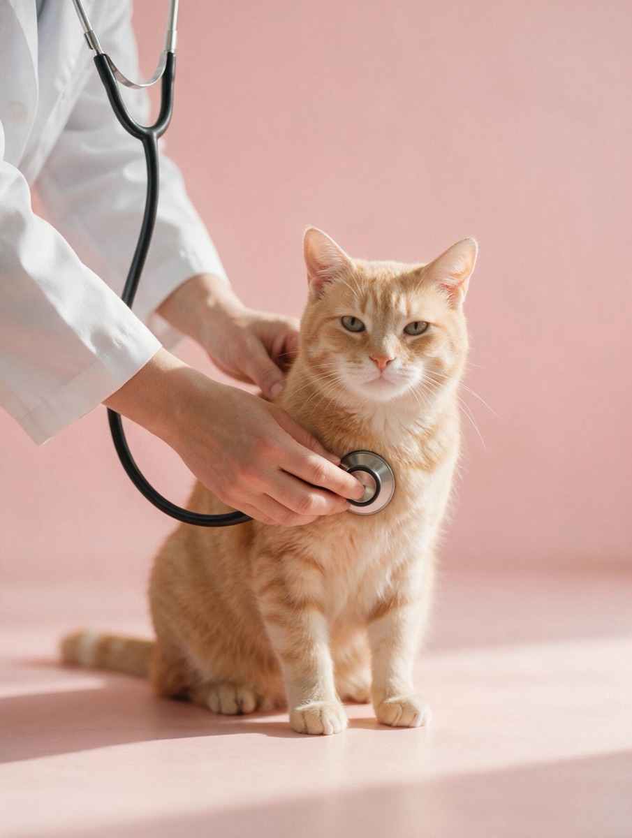 A veterinarian examining an orange cat with a stethoscope on a pink backdrop